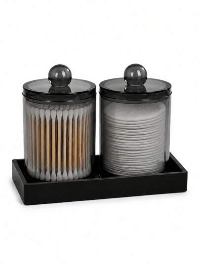 1 Pack / 2 Packs Bathroom Vanity Organizer Set With Black Silicone Tray, Lidded Storage Jars For Cotton Balls, Cotton Swabs, Qtip And Beauty Essentials