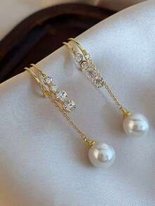 1 Pair Elegant Luxury Fashion Zirconia Unique Long Tassel Pearl Drop Earrings - Multicolor - View 1