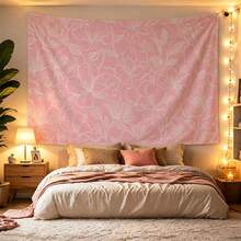 Pink Floral Wall Tapestry, White Line Floral Pattern, Minimalist Aesthetic Wall Decor, Suitable For Bedroom, Living Room, Dormitory Wall Hanging Decoration - Multicolor - View 2