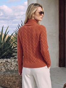 NiceArt Women's Autumn/Winter Vintage Half-High Neck Cable Knit Blended Sweater, Diagonal Button Drop Shoulder Long Sleeve Pullover, Autumn Outfit, Halloween - Red - View 2