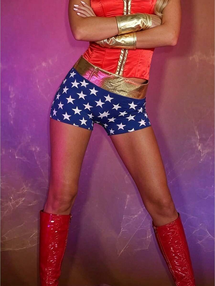Women's Star Print Shorts, Gold Waistband Mid Rise Booty Shorts For Halloween Party - Blue - View 1