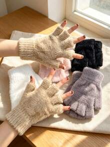 Soft Fuzzy Faux‑Mink Fingerless Gloves For Women, Warm Plush Half‑Finger Winter Gloves, Open‑Tip Design For Typing Writing Phone Operation, Non‑Shedding Cozy Knit Hand Warmers, Multiple Solid Colors, For Home Office Study Daily Cold‑Weather Wear - New Model - View 5