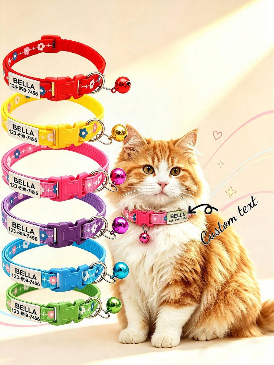 1pc Customized Pet Collar With Flower Design, Customizable Engraved ID And Contact Information. Adjustable Bell Necklace For Cats And Dogs. Fashionable Pet Supplies. Cute Decorations For Pets. - Multicolor - View 1