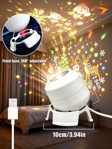 USB Plug And Play Christmas Projection Light, 360° Adjustable Base Dynamic Rotating Projection, Snowman Reindeer Snowflake Patterns, Home Party Holiday Decoration Night Light - White - View 3