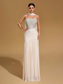 Elegant Mermaid Ball Gown, Women's Strapless Backless Cocktail Dress, Decorated With Sequins And Pearls, Ruched Design - Apricot - View 3