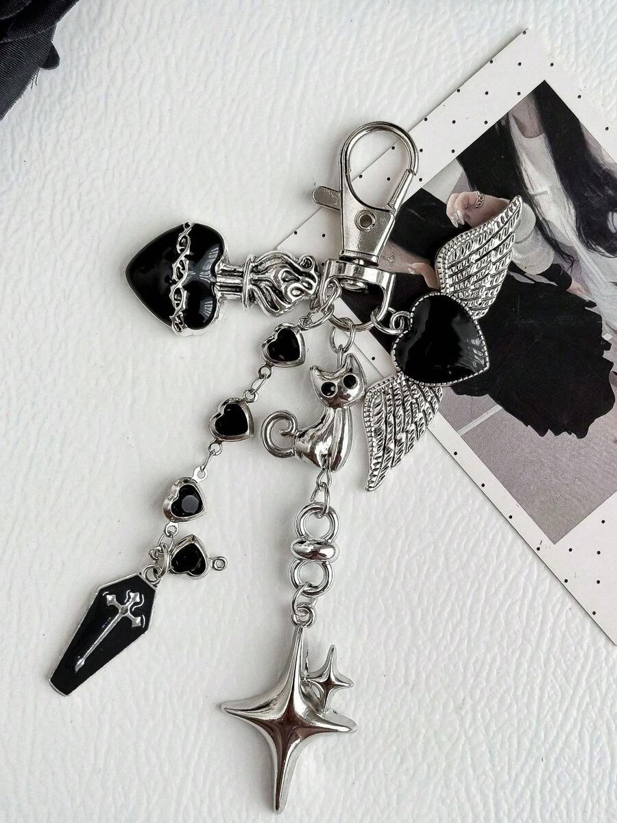 1pc Dark Sweet Cool Heart Wing Cat Keychain Bag Charm - Multicolor - View 1