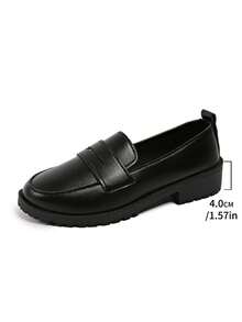 rlyza British Style Black Loafers Women's Vintage Round Toe Thick Sole Slip-On Soft Leather Commute Minimalist Versatile Low Heel Shoes - Black - View 9