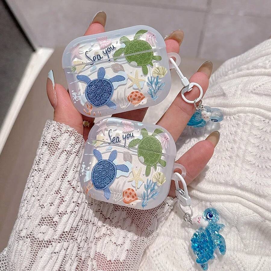 1pc 3D Turtle Pendant Keychain, Cute Beautiful Cartoon Ocean: Turtle Pattern Design Soft TPU Apple Pro/Pro2 Universal 3rd Generation Protective Case 4/Pro3, Suitable For Fashionable Men Women Girls 1/2 - Multicolor - View 1