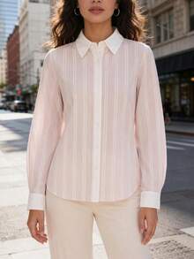 Women's Long Sleeve Casual Striped Cuff Patchwork, Shirt Collar Patchwork, Button Loose Shirt - Pink - View 3
