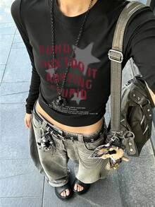女款圓領長袖T恤，春/秋新款星星與字母印花，美式時尚風格，時尚休閒修身短版上衣 - 黑色 - 查看 10