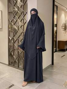 1 set Abaya Muslimah Sederhana, Gaun Maxi Lengan Mengembang Berkerut dengan Khimar Niqab yang Serasi, Pakaian Sholat Islami Longgar Bertekstur Kerut untuk Wanita - MultiWarna - View 12