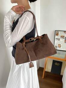 Cross-Border Vintage Suede Matte Tote Bag For Women, Large Capacity Shoulder Bag For Work And Commute, High-End Underarm Bag - Coffee - View 10