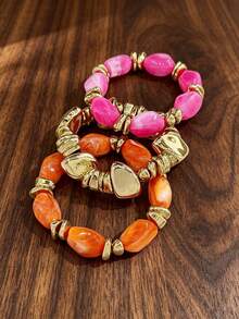 3pcs/Set Fashion Vintage Bohemian Thick Multi-Layer Multi-Color Acrylic Beaded Bracelet Gold Crushed Stone Style Bracelet For Women - Multicolor - View 2