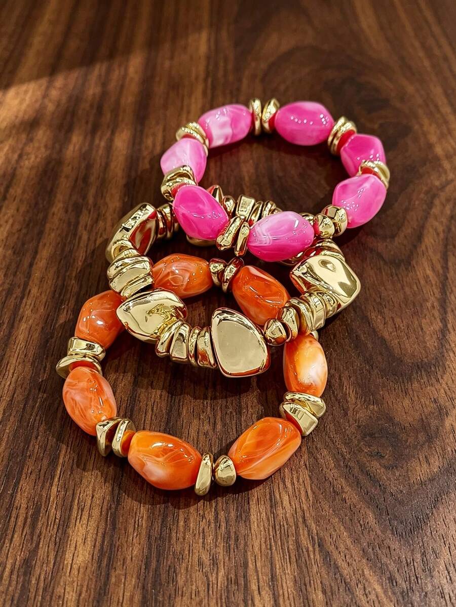 3pcs/Set Fashion Vintage Bohemian Thick Multi-Layer Multi-Color Acrylic Beaded Bracelet Gold Crushed Stone Style Bracelet For Women