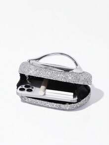 Women Shiny Evening Clutch,Hard Shell Handbag With C-Shaped Handle,Fashionable Portable Formal Style,For Weddings,Balls, Cocktail Parties, Nightclubs - Silver - View 9