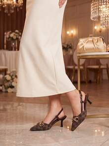 Brown Printed Pointed Toe Stilettos High Heels, Classic Metal Buckle Stiletto Pumps, Suitable For Summer Commute, Date, Banquet, Party - Brown - View 5