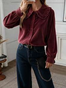 Kemeja Kasual Wanita Bahan Korduroi Warna Polos dengan Kerah Berumbai untuk Musim Gugur/Dingin - Burgundy - View 3