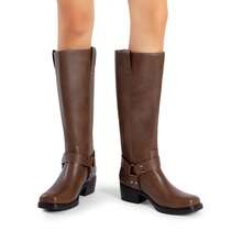 Dream Pairs Women's Knee-High Square Toe Motorcycle Riding Slip-On Fashion Chunky Low Heel Buckle Decor Tall Boots, Autumn/Winter - Brown - View 11