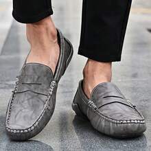 Men's Vintage Fashion Distressed Versatile Loafers, Contrast Stitching Soft Sole Comfortable Flat Shoes, Casual Commute Driving Dating Moccasins - Grey - View 5