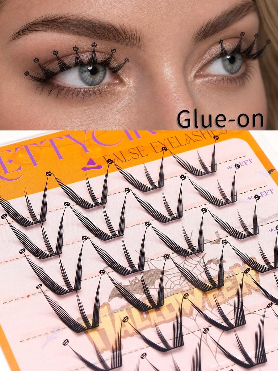 8 Rows Glue-Free Pumpkin Style Halloween Pumpkin Decor V-Shaped Self-Adhesive False Eyelashes, No Glue Needed Cos Party Theme Segmented Cluster Lashes, Lash Length 9-14mm - C - View 1