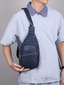Men's Woven Sling Bag, PU Leather Crossbody Chest Backpack, Casual Shoulder Bag For Daily Travel Business Outdoor - Blue - View 3