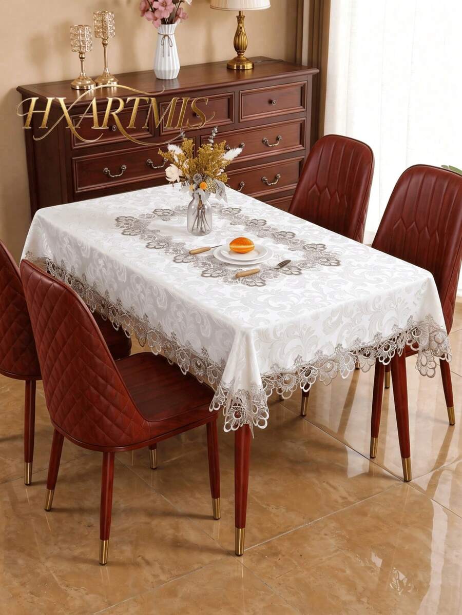 HXARTMIS قطعة واحدة من مفرش طاولة مستطيل فاخر مطرز بنقوش زهرية جاكار، غطاء طاولة بنمط زهري أنيق، مفرش طاولة بحافة متموجة راقية، مناسب لغرفة الطعام والمطبخ والزفاف والحفلات وديكور المنزل - بيج - مشاهدة 1
