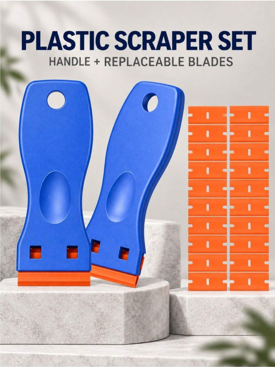 1PC Plastic Scraper Set With 10/20/30/50pcs Replacement Plastic Blades, Multi-Purpose Sticker & Label Remover Tool With Non-Slip Handle, Adhesive Cleaning Scraper For Windows, Floors, Stoves, Car Glass & Home Use