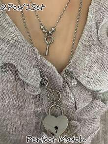 2件組女款吊墜項鍊套組，銀色不鏽鋼心形鑰匙與鎖頭吊墜項鍊，適合日常、派對、音樂節 - 銀色 - 查看 6