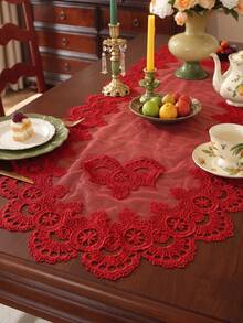 HXARTMIS 1 Buah Taplak Meja Renda Merah Bordir Berongga, Taplak Meja Vintage Kain Tulle, Cocok Untuk Pernikahan, Perjamuan, Natal, Meja Makan, Dekorasi Rumah - Merah - View 4
