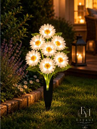 1pc 2D White Daisy Garden Stake, Flat Printed Flower Yard Decor With Green Leaves, Suitable For Outdoor Lawn Patio Pathway Flower Bed Spring Summer Garden Decoration
