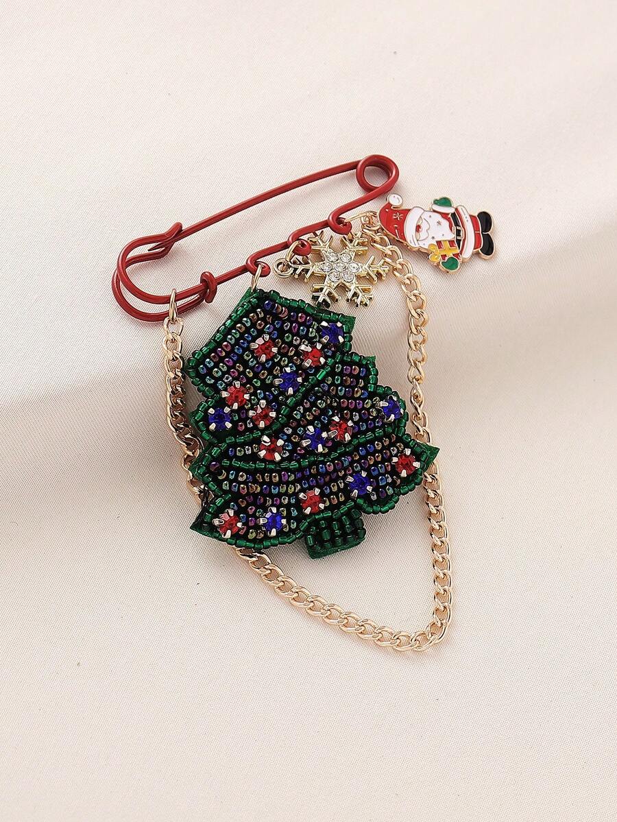 1pc Bohemian Christmas Element Series Classic Elegant Versatile Fashion Handmade Beaded Non-Woven Fabric Christmas House, Christmas Tree, Santa Claus, Rhinestone Snowflake Pendant, Large Brooch, Brooch Suitable For Women's Clothing, Backpack, Holiday, Party, Banquet, Large Gathering Perfect Gift, Christmas Gift For Friends And Family, Vacation, Travel, Photography, Leisure, Commute Daily Wear - Christmas Tree/Christmas House - View 1