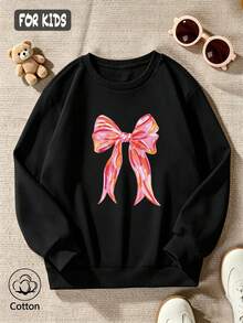 Girls Bow Print Crew Neck Casual Sweatshirt, Long Sleeve Loose Fit Kids Pullover For Fall & Spring - Black - View 3
