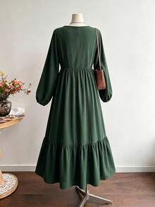 Rusttydustty Women's Autumn Green V-Neck Tie-Front Ruffle Patchwork Long Sleeve Dress, Suitable For Autumn/Winter, Halloween Outfit - Dark Green - View 9