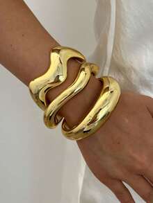 3/1pc Vintage Elegant Fashion Old Money Style Geometric Wave CCB Bracelet Set, Casual Versatile Suitable For Women's Daily Wear - Yellow Gold - View 5