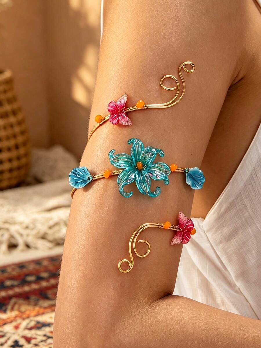 1pc Crystal Blue Asymmetric Flower Arm Cuff Colorful Butterfly Shell Multi-Element Jewelry For Women Beach Vacation Commute Wear - Blue - View 1