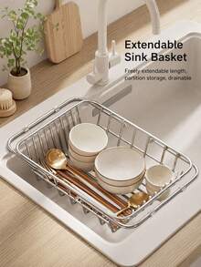 1pc Expandable Rustproof Stainless Steel Over Sink Dish Drainer Basket, Adjustable Telescopic Kitchen Sink Storage Rack, Dish Drying Holder For Plates, Bowls, Chopsticks & Tableware, Space Saving Kitchen Counter Organizer Home Gadget - Multicolor - View 4