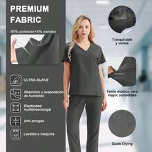 Conjunto 2 Piezas Uniforme Médico para Dama, Top Escote en V Manga Corta con Pantalón Cintura Elástica y Cordón, Ropa de Trabajo Stretch Transpirable para Enfermería, Clínica Dental - Negro - Ver 2