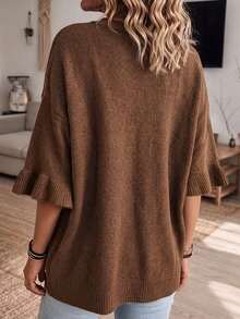 Women's Plus Size Brown Knit Pullover Sweater, Ruffle Trim Three Quarter Sleeve, Round Neck With Ribbed Hem, Comfortable Autumn Winter Style - Brown - View 6