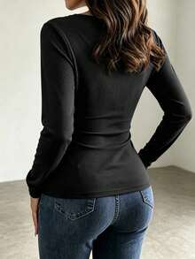 Women's Y2K Contrast Lace Long Sleeve Top, Cute Basic T-Shirt, Suitable For Back To School, Streetwear, Daily Commute And Home Leisure - Black - View 7