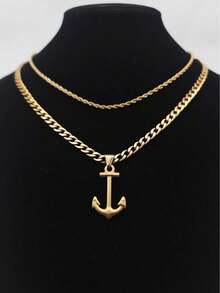2pcs/Set Vintage Stainless Steel Gold-Plated Twisted Chain & Anchor Necklace, Unisex, Daily Wear, Holiday Wear, Niche Luxury, Fashion Versatile - Yellow Gold - View 3