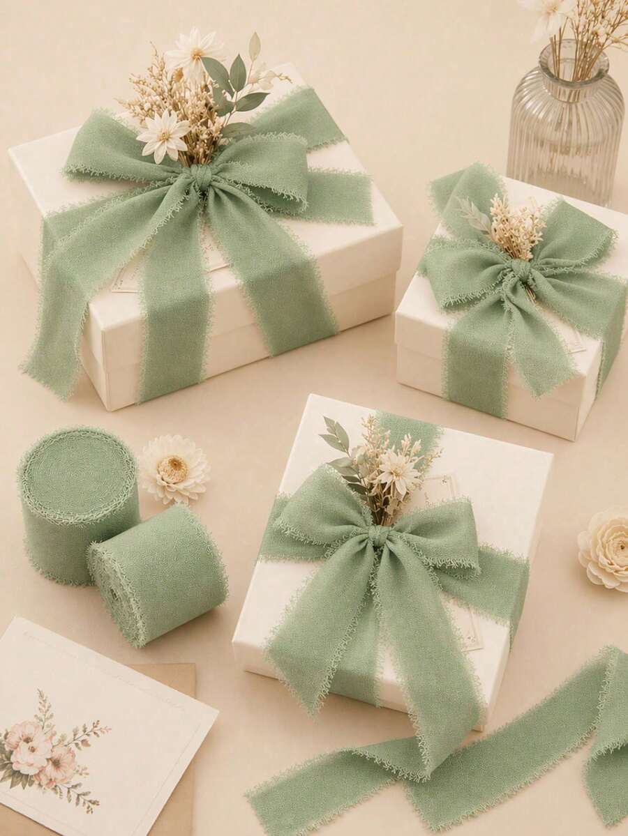 5 Pcs Sage Green Chiffon Ribbon, Vintage Fringe Fabric Ribbon, Handmade Fringe Ribbon, For Flowers, Gift Wrapping Ribbon, Wedding Ribbon And Christmas Decorations, DIY Crafts, Party Decorations, Baby Shower Decorations And Birthday Parties - Sage Green - View 1