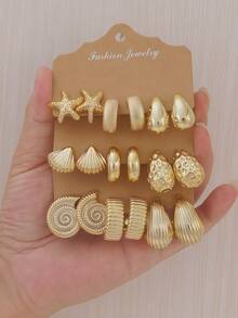 6-18PCS Gold Vintage Shell & Starfish Earring Set, Beach Vacation Vibe Combination Earrings - Gold - View 1