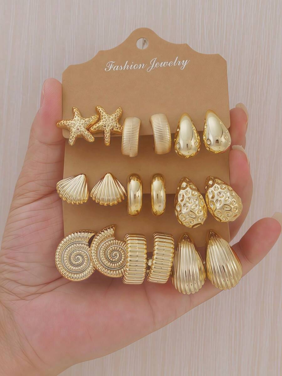 6-18PCS Gold Vintage Shell & Starfish Earring Set, Beach Vacation Vibe Combination Earrings - Gold - View 1