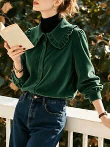 Women's Autumn/Winter Corduroy Solid Color Ruffle Collar Casual Shirt - Dark Green - View 4