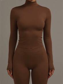 XLLAIS Long Sleeve High Neck Basic T Shirt 2026 Double Layer Elastic Tight Fitting Top - Camel - View 2