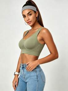 Seamless Mesh Sports Bra For Women, V Neck Medium Support Workout Bra, Breathable Hollow Out Athletic Crop Top For Gym Daily Wear - Green - View 5
