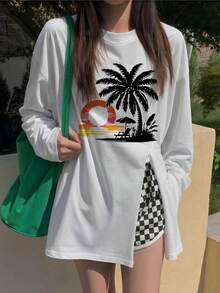 Women's Vintage Gradient Sunset Island Coconut Scene Print Long Sleeve T-Shirt, Loose Drop Shoulder Comfortable Casual Commute Base Layer - White - View 8