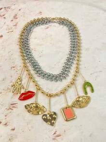 Mixed Metal Layered Charm Necklace Evil Eye Hamsa Lips Pendant - Evil Eye Necklace - View 12