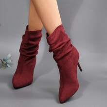 Sexy Pointed Toe Stiletto High Heel Ankle Boots For Women, Ruched Shaft, Suede Texture, Commute, Date, Fashion Ankle Boots - Red - View 4