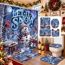 1件/4件組 星星雪人圖案多功能浴室裝飾浴簾套組，附贈12個掛鉤，高級節日氛圍，浴室地墊、U型地墊與圓形馬桶蓋套，適合各種場合裝飾，浴室套裝 - 星空雪人 - 查看 1